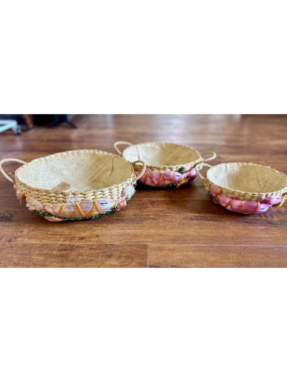 Set of 3 Handwoven Decorative Baskets with Fish and Vegetable Embellishments